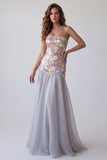 Vestido formal longo floral sem alças cinzento Sereia cinzenta brilhante com pérolas