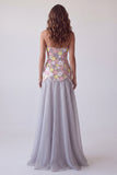 Vestido formal longo floral sem alças cinzento Sereia cinzenta brilhante com pérolas