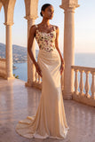 Espartilho Floral Champanhe Sereia Vestido Formal Longo Franzido com Cauda Ampla