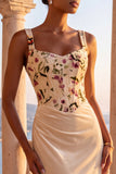 Espartilho Floral Champanhe Sereia Vestido Formal Longo Franzido com Cauda Ampla