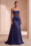 Espartilho azul-marinho Cetim Sheath floral, vestido formal longo e franzido sem alças