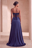 Espartilho azul-marinho Cetim Sheath floral, vestido formal longo e franzido sem alças