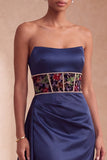 Espartilho azul-marinho Cetim Sheath floral, vestido formal longo e franzido sem alças