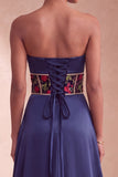 Espartilho azul-marinho Cetim Sheath floral, vestido formal longo e franzido sem alças