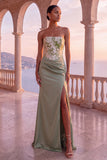 Vestido formal longo sem alças sem alças com Corset Floral Verde Sálvia Verde Sálvia