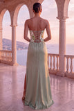 Vestido formal longo sem alças sem alças com Corset Floral Verde Sálvia Verde Sálvia