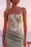 Vestido formal longo sem alças sem alças com Corset Floral Verde Sálvia Verde Sálvia