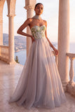 Corset cinzento claro Organza A-Line Strapless Formal Long Formal Dress com Cachecol no Decote