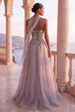 Corset cinzento claro Organza A-Line Strapless Formal Long Formal Dress com Cachecol no Decote