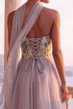 Corset cinzento claro Organza A-Line Strapless Formal Long Formal Dress com Cachecol no Decote