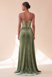 Vestido formal longo longo de veludo sem alças com faixa de espartilho verde, com faixa lateral