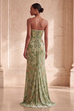 Vestido formal longo e franzido sem alças sem alças com fenda e sereia verde