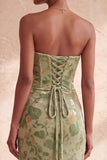 Vestido formal longo e franzido sem alças sem alças com fenda e sereia verde