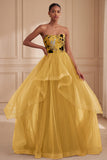 Vestido formal longo estampado em camadas em A-line amarelo ruivo