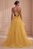 Vestido formal longo estampado em camadas em A-line amarelo ruivo