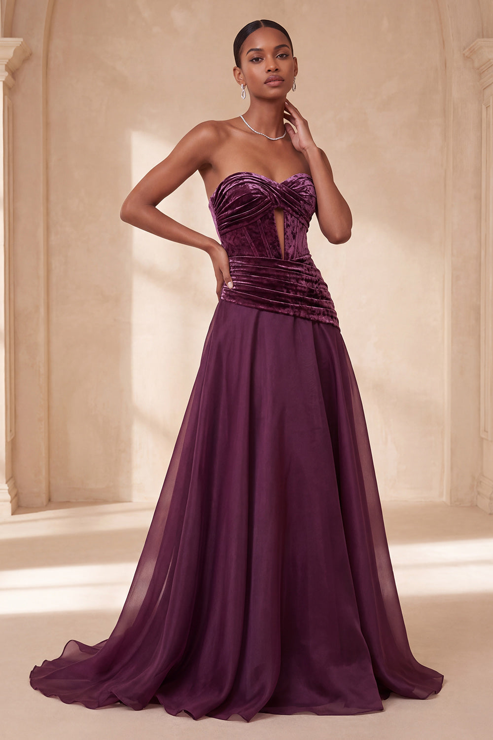 Vestido formal longo longo e franzido em linha malva vintage, Espartilho A-Line A-Line e Fechadura