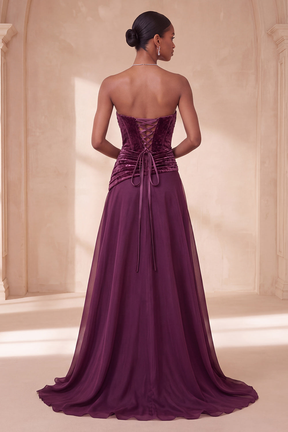 Vestido formal longo longo e franzido em linha malva vintage, Espartilho A-Line A-Line e Fechadura