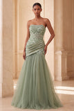 Vestido formal longo com lantejoulas verde-sálvia verde-sálvia linha A com lantejoulas, vestido formal comprido com drapeado