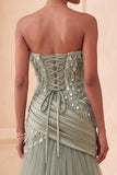 Vestido formal longo com lantejoulas verde-sálvia verde-sálvia linha A com lantejoulas, vestido formal comprido com drapeado