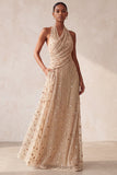 Vestido formal longo com lantejoulas em linha A com capças caqui e lantejoulas, longo e bolsos