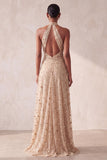Vestido formal longo com lantejoulas em linha A com capças caqui e lantejoulas, longo e bolsos