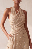 Vestido formal longo com lantejoulas em linha A com capças caqui e lantejoulas, longo e bolsos
