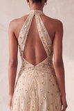 Vestido formal longo com lantejoulas em linha A com capças caqui e lantejoulas, longo e bolsos