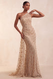 Vestido formal comprido e franzido com camisa caqui de um ombro com lantejoulas
