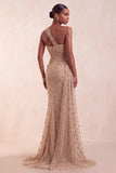 Vestido formal comprido e franzido com camisa caqui de um ombro com lantejoulas