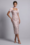 Vestido de mãe da noiva, vestido midi de decote quadrado, decote quadrado, cor-de-rosa claro e cinto