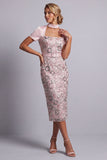 Vestido de mãe da noiva, vestido midi de decote quadrado, decote quadrado, cor-de-rosa claro e cinto