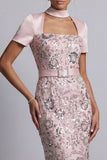 Vestido de mãe da noiva, vestido midi de decote quadrado, decote quadrado, cor-de-rosa claro e cinto