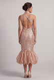 Blush Sereia Bolsos de gola alta Bainha em bolha Midi Vestido de mãe da noiva com lantejoulas