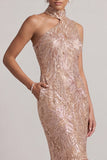 Blush Sereia Bolsos de gola alta Bainha em bolha Midi Vestido de mãe da noiva com lantejoulas