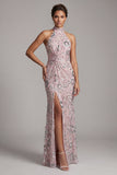 Vestido longo de mãe da noiva, vestido de mãe da noiva com abertura lateral cor-de-rosa claro