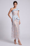 Vestido de mãe da noiva, vestido de mãe da noiva de bainha azul claro com lantejoulas de um ombro