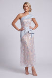 Vestido de mãe da noiva, vestido de mãe da noiva de bainha azul claro com lantejoulas de um ombro
