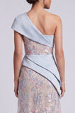 Vestido de mãe da noiva, vestido de mãe da noiva de bainha azul claro com lantejoulas de um ombro