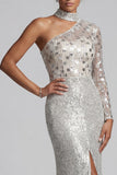 Vestido de mãe da noiva Maxi de lantejoulas cinzento de bainha cinzenta com uma bainha de ombro