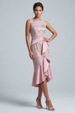 Vestido Midi de Mãe da Noiva, Vestido Midi de Mãe da Noiva Rosa Claro, Decote Arredondado e Folhos