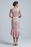 Vestido Midi de Mãe da Noiva, Vestido Midi de Mãe da Noiva Rosa Claro, Decote Arredondado e Folhos
