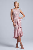 Vestido Midi de Mãe da Noiva, Vestido Midi de Mãe da Noiva Rosa Claro, Decote Arredondado e Folhos