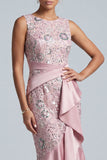 Vestido Midi de Mãe da Noiva, Vestido Midi de Mãe da Noiva Rosa Claro, Decote Arredondado e Folhos