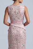 Vestido Midi de Mãe da Noiva, Vestido Midi de Mãe da Noiva Rosa Claro, Decote Arredondado e Folhos