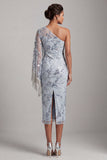 Vestido Midi de Mãe da Noiva Azul Azul Claro Bordado Um Ombro com Franjas