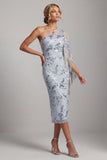 Vestido Midi de Mãe da Noiva Azul Azul Claro Bordado Um Ombro com Franjas