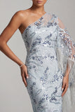 Vestido Midi de Mãe da Noiva Azul Azul Claro Bordado Um Ombro com Franjas