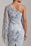 Vestido Midi de Mãe da Noiva Azul Azul Claro Bordado Um Ombro com Franjas