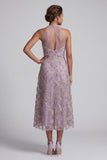 Vestido de Mãe da Noiva Bordado Midi A-Line Lilas.