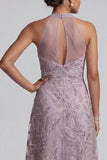 Vestido de Mãe da Noiva Bordado Midi A-Line Lilas.